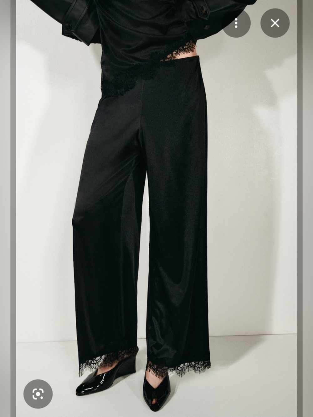 Wide-Leg Black Satin Pants with Lace Trim